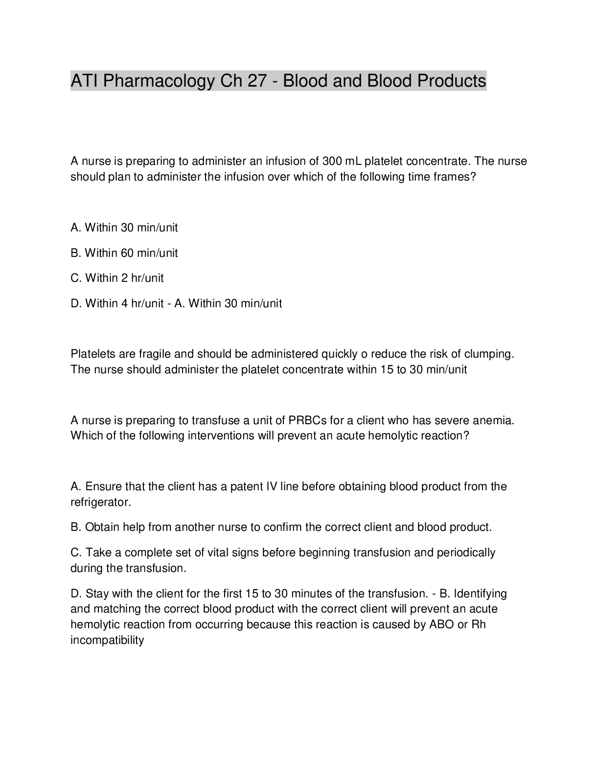 ATI Pharmacology Ch 27 Blood and Blood Products Browsegrades